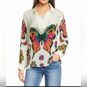 NWT $108 APNY Butterfly Print V Neck Blouse Orange Olive Multi Long Sleeve M
